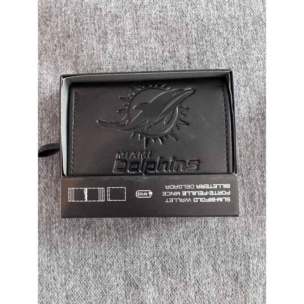 Miami Dolphins Slim Bifold Wallet‎ Genuine Leather RFID Mens Black